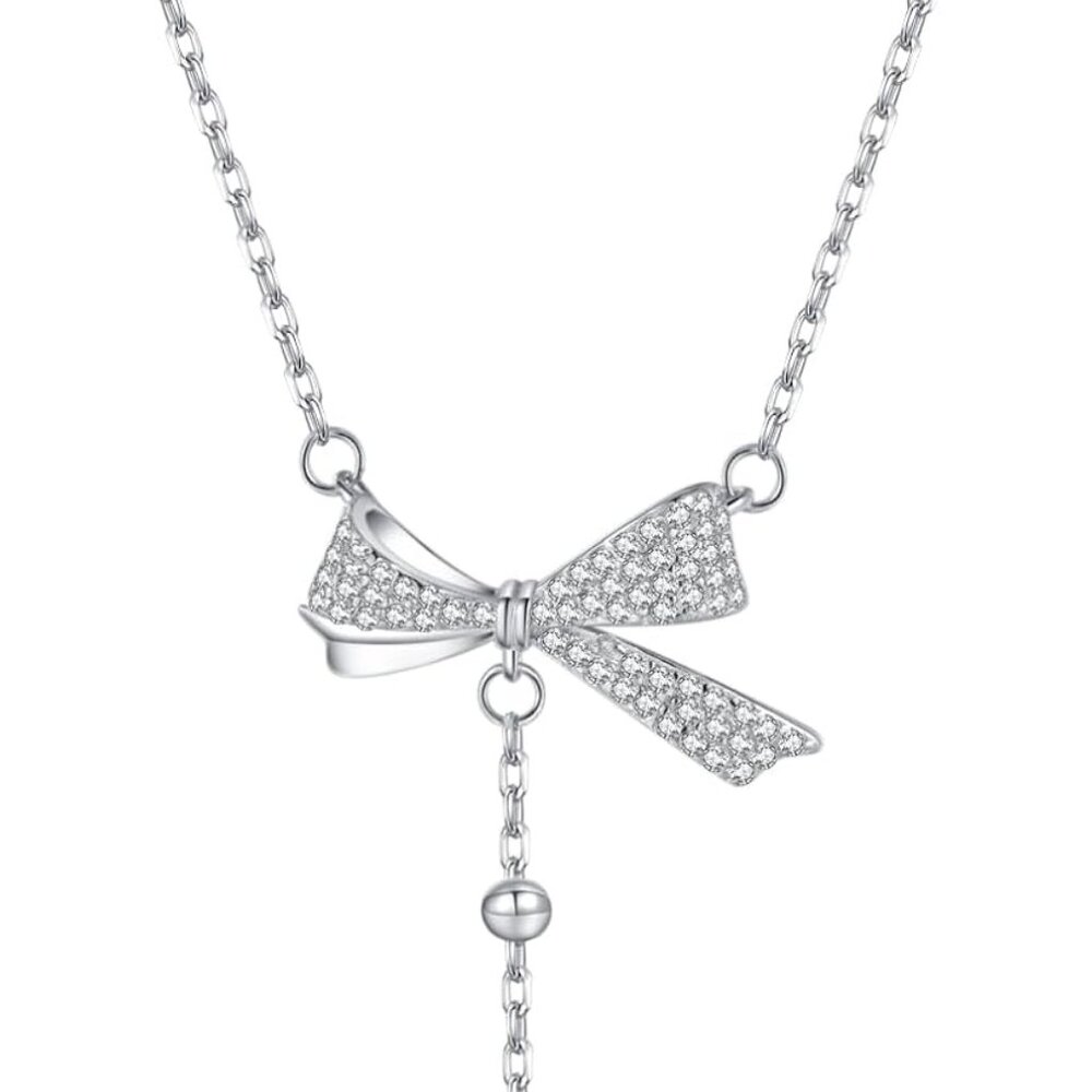 925 Sterling Silver Bow Y Necklace For Women Teens Cz Bow Y Necklace Chain Bow P